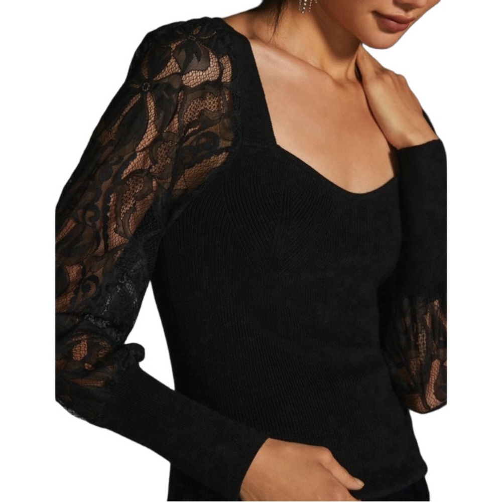 Marled Black Pullover Sweater Lace Sleeves Size XL